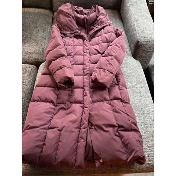 Cole Haan Signature Womens Long Puffer Coat L Burgundy Hooded Down Fill Winter W - Picture 1 of 12
